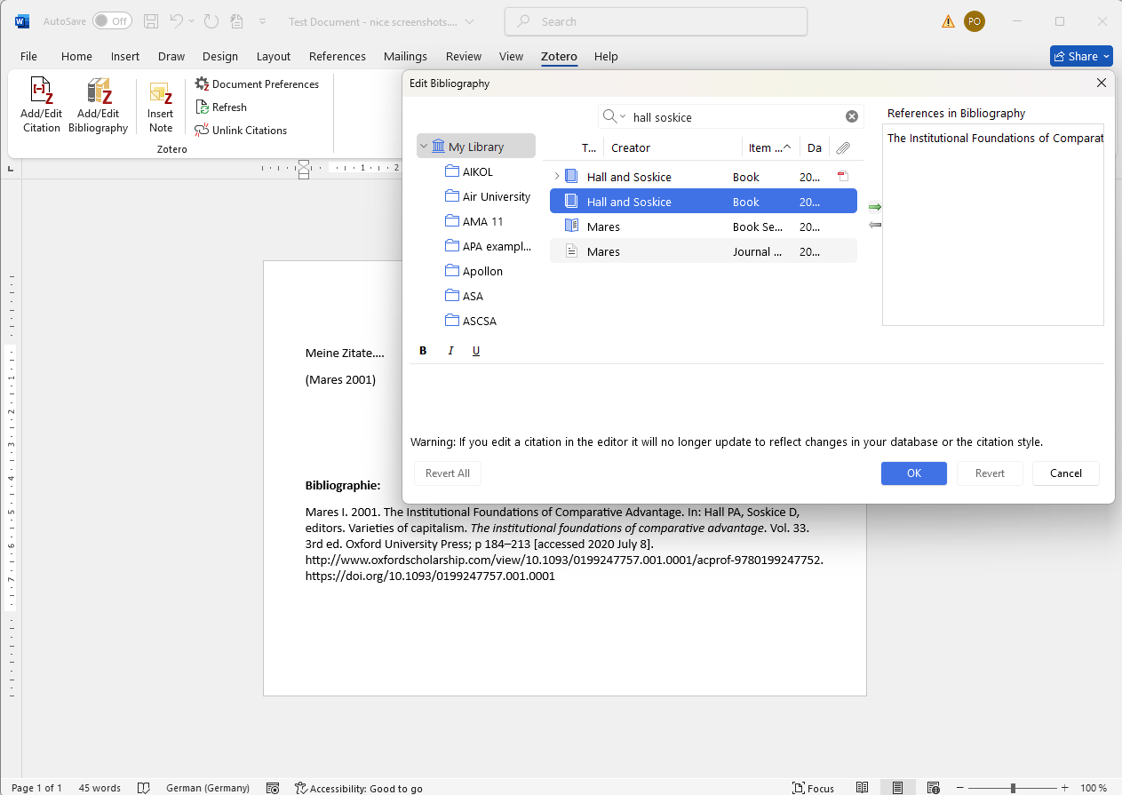 Word Zotero - Book missing in bibliography add extra source